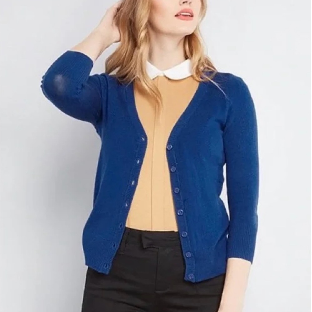 Modcloth Blue “Charter School” Cardigan Sweater V-Neck Knit